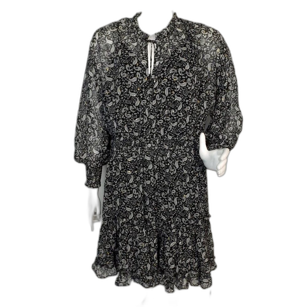 new LOVESTITCH Dress, L, Black/White Paisley, Smocked Waist/Cuffs, Attached Slip - Picture 1 of 15